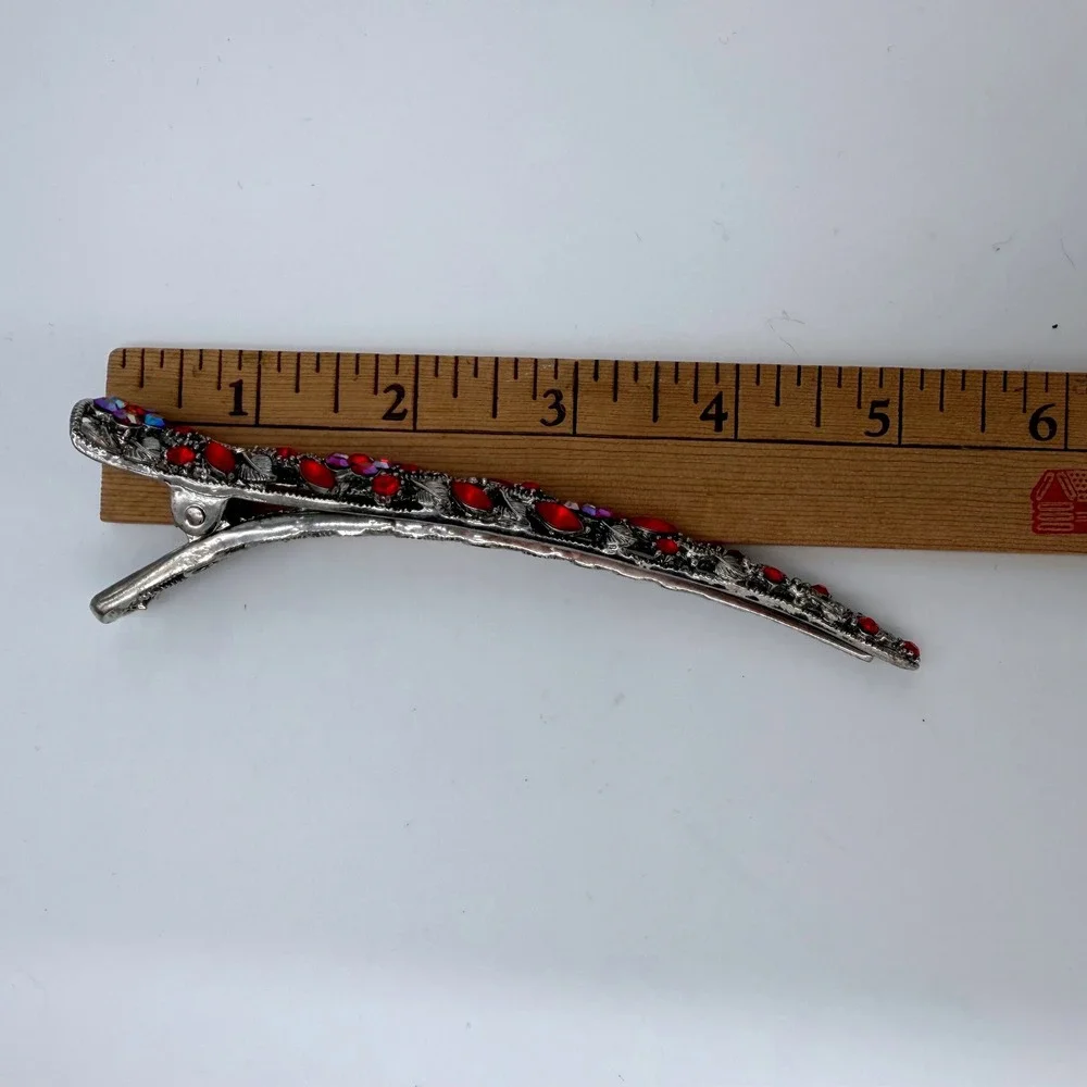 Vintage Red Crystal Rhinestone Hair Barrette Silver Floral AB‎ Glam Clip